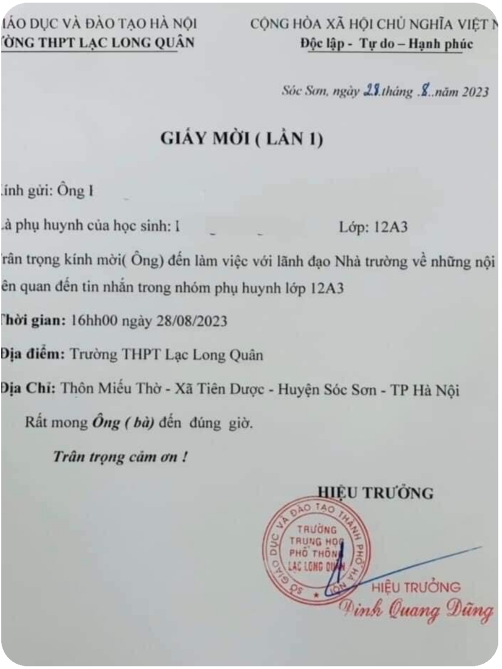 Trường THPT Lạc Long Quân (huyện Sóc Sơn - Hà Nội): Gửi thông báo tới phụ huynh gây xôn xao dư luận