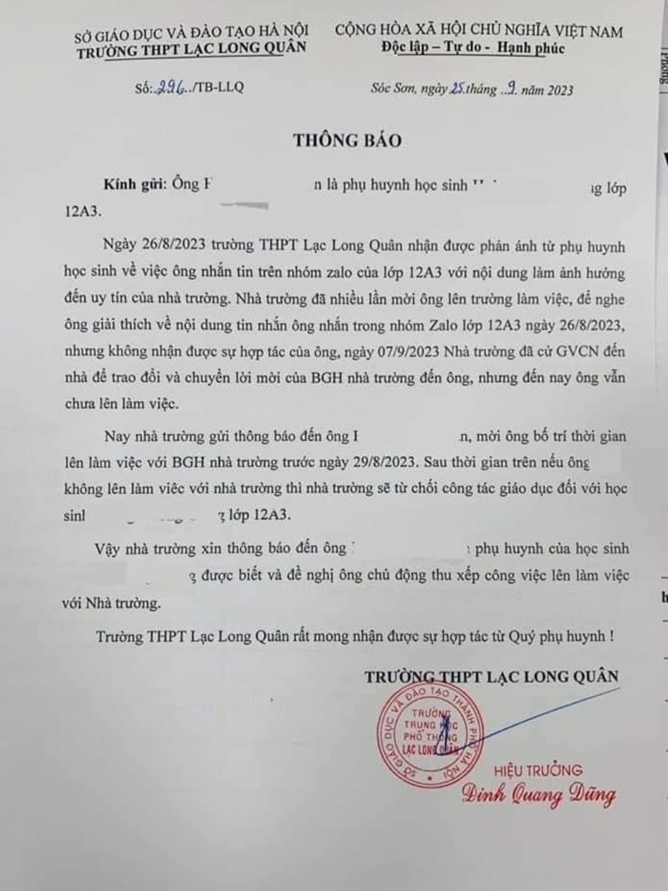 Trường THPT Lạc Long Quân (huyện Sóc Sơn - Hà Nội): Gửi thông báo tới phụ huynh gây xôn xao dư luận