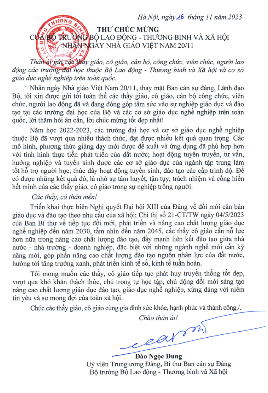 Bộ trưởng Bộ Lao động - Thương binh và Xã hội gửi thư chúc mừng nhân Ngày Nhà giáo Việt Nam 20/11
