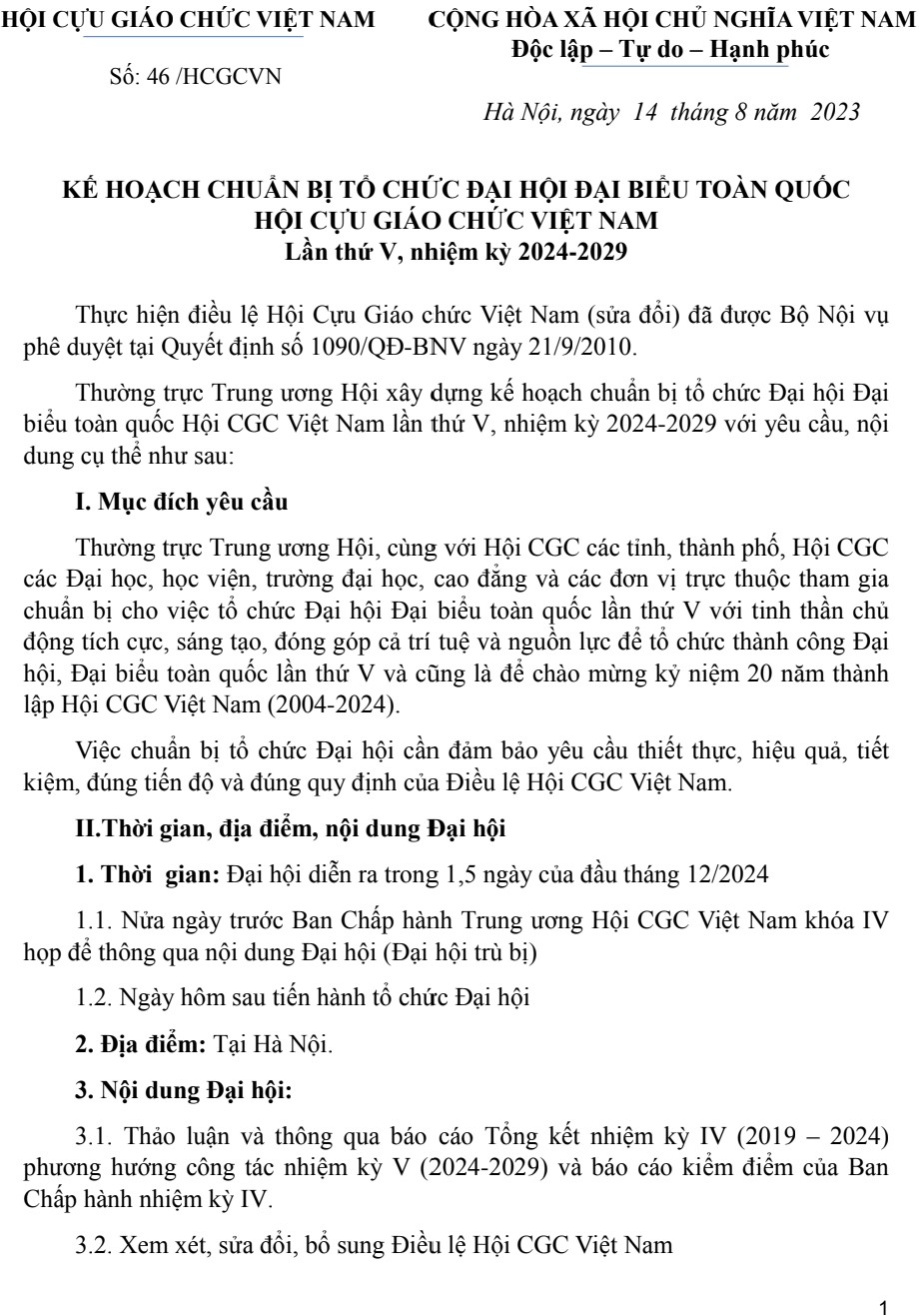 KẾ HOẠCH CHUẨN BỊ TỔ CHỨC ĐẠI HỘI ĐẠI BIỂU TOÀN QUỐC HỘI CỰU GIÁO CHỨC VIỆT NAM Lần thứ V, nhiệm kỳ 2024-2029