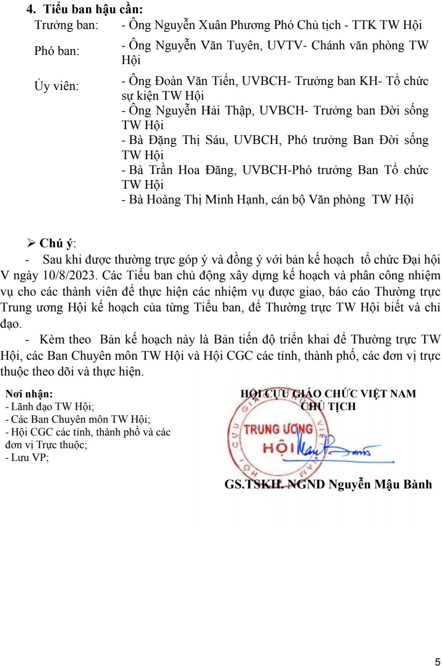 KẾ HOẠCH CHUẨN BỊ TỔ CHỨC ĐẠI HỘI ĐẠI BIỂU TOÀN QUỐC HỘI CỰU GIÁO CHỨC VIỆT NAM Lần thứ V, nhiệm kỳ 2024-2029