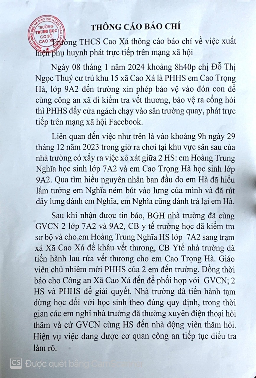 Lâm Thao: Sự việc học sinh lớp 9 bị bạo lực học đường tại Trường THCS Cao Xá