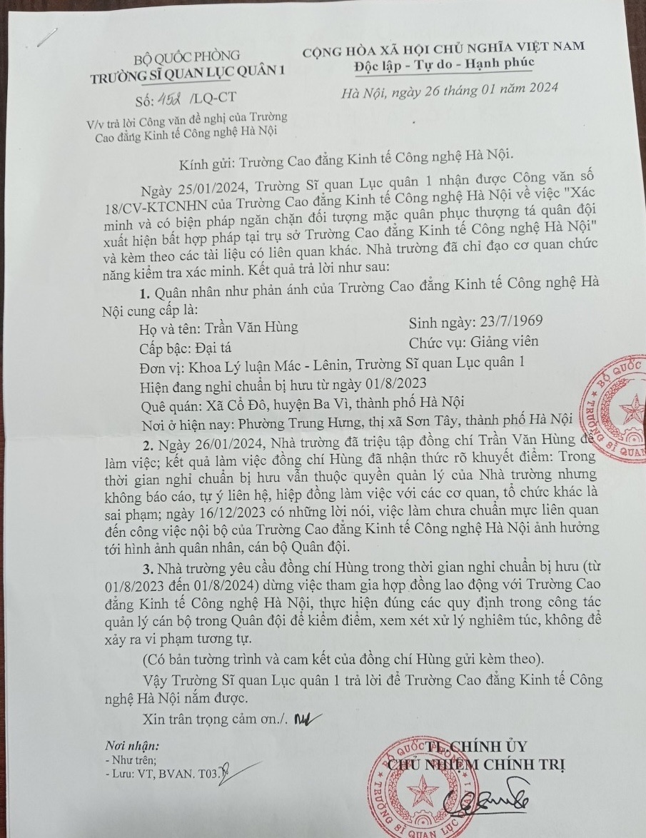 Trường Sĩ quan Lục quân 1: Trả lời về danh tính người người mặc quân phục Quân đội xuất hiện trong phòng khảo thí và Đảm bảo chất lượng của Trường CĐKTCN Hà Nội