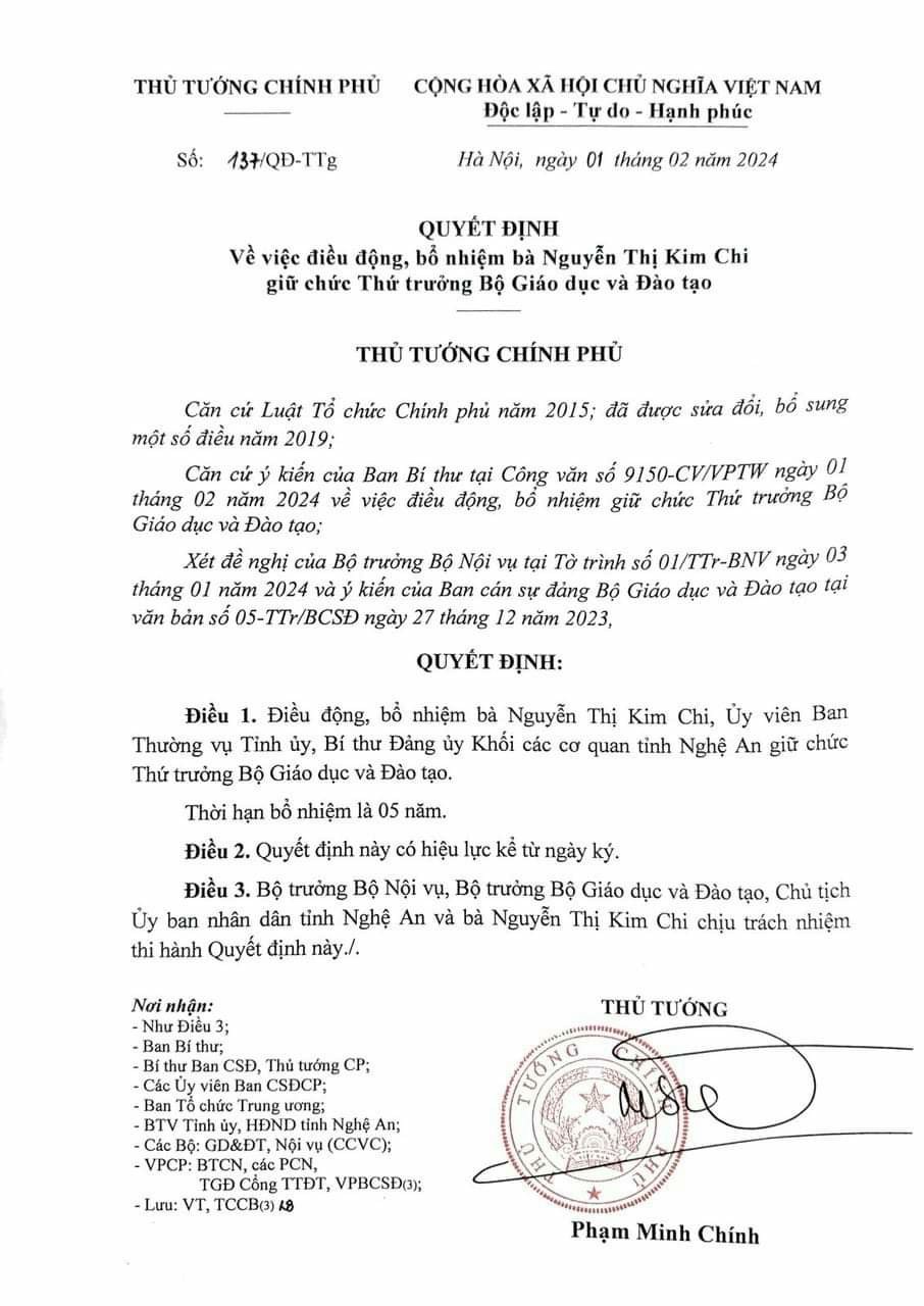 Thủ tướng Chính phủ Phạm Minh Chính ký Quyết định điều động, bổ nhiệm bà Nguyễn Thị Kim Chi giữ chức Thứ trưởng Bộ GD&ĐT