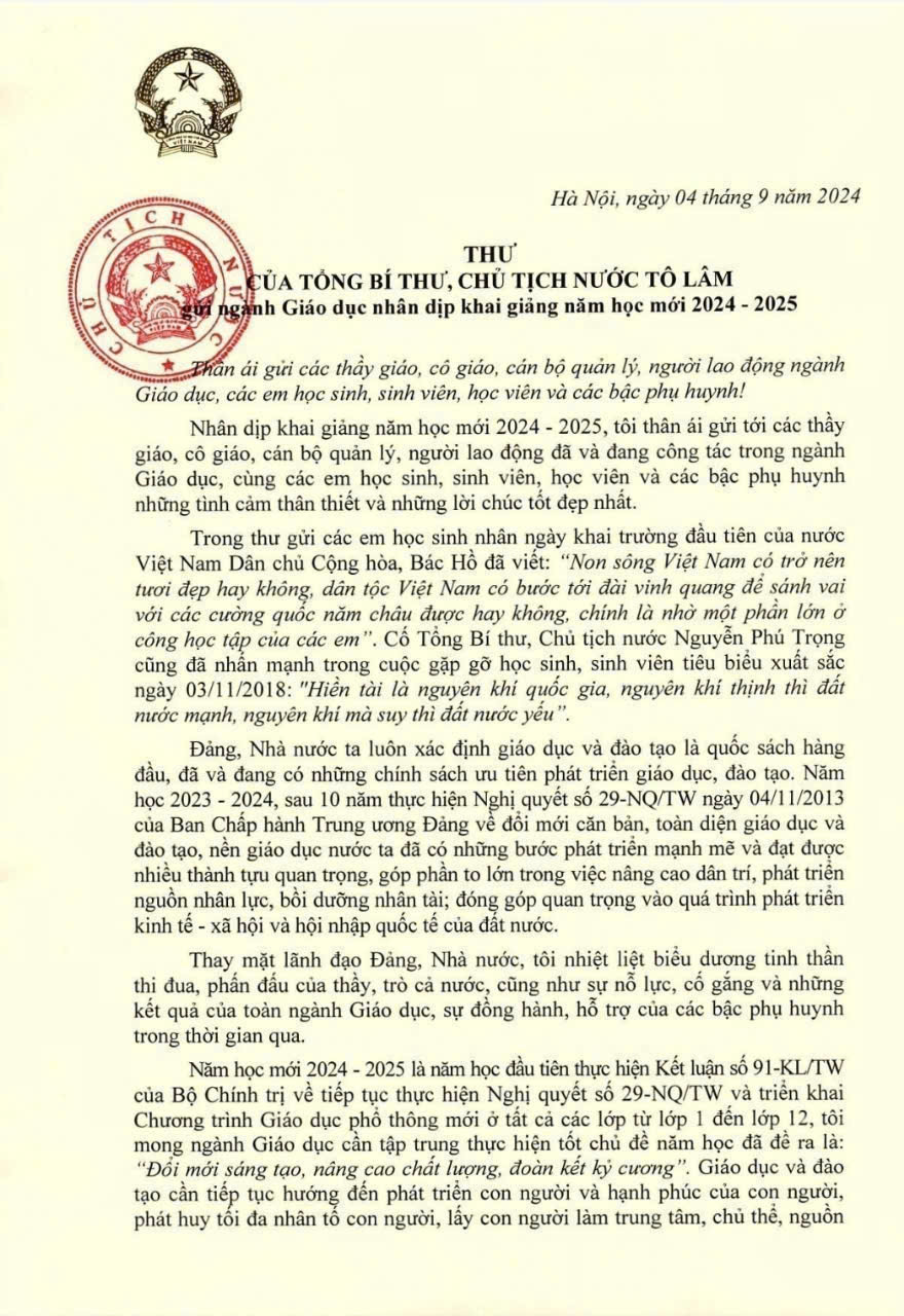 Thư Tổng Bí thư, Chủ tịch nước gửi ngành Giáo dục nhân dịp khai giảng năm học mới