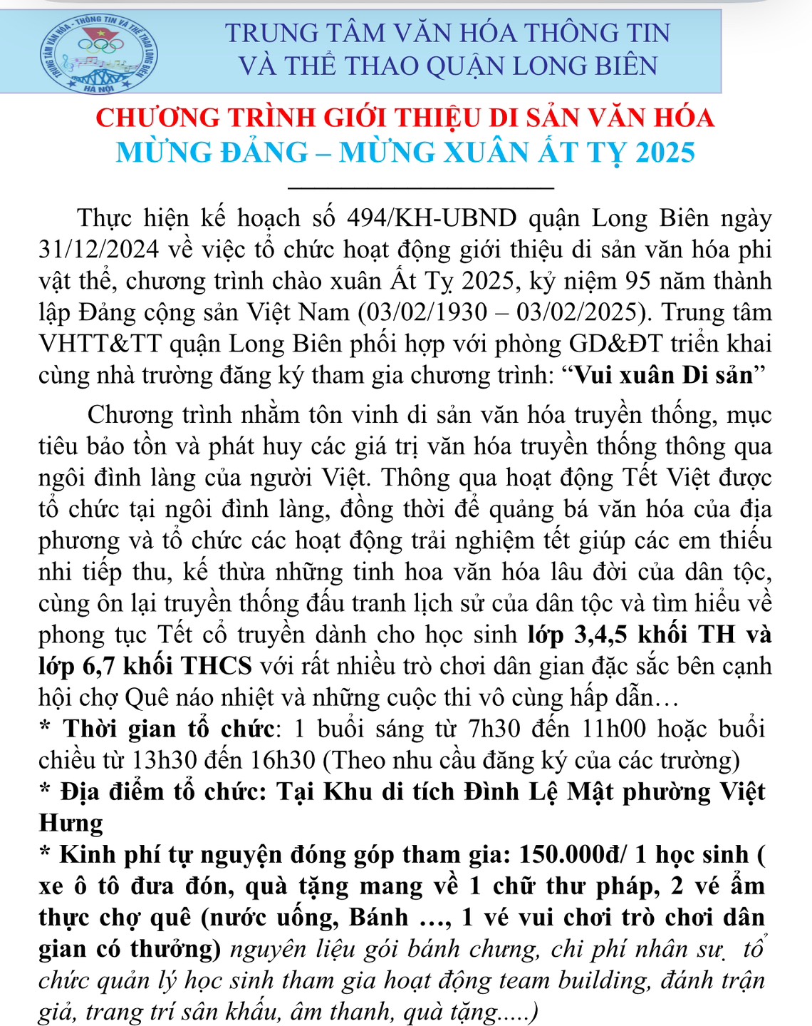 Long Biên- Hà Nội: Phụ huynh học sinh có ý kiến về “Chương trình Giới thiệu Di sản văn hóa – Mừng Đảng, Mừng xuân Ất Tỵ - 2025”