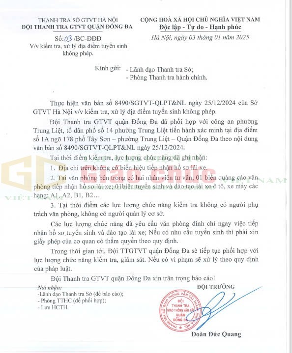 Hà Nội: Thanh tra Sở GTVT Hà Nội - Đội thanh tra GTVT Quận Đống Đa kiểm tra, xử lý địa điểm tuyển sinh không phép