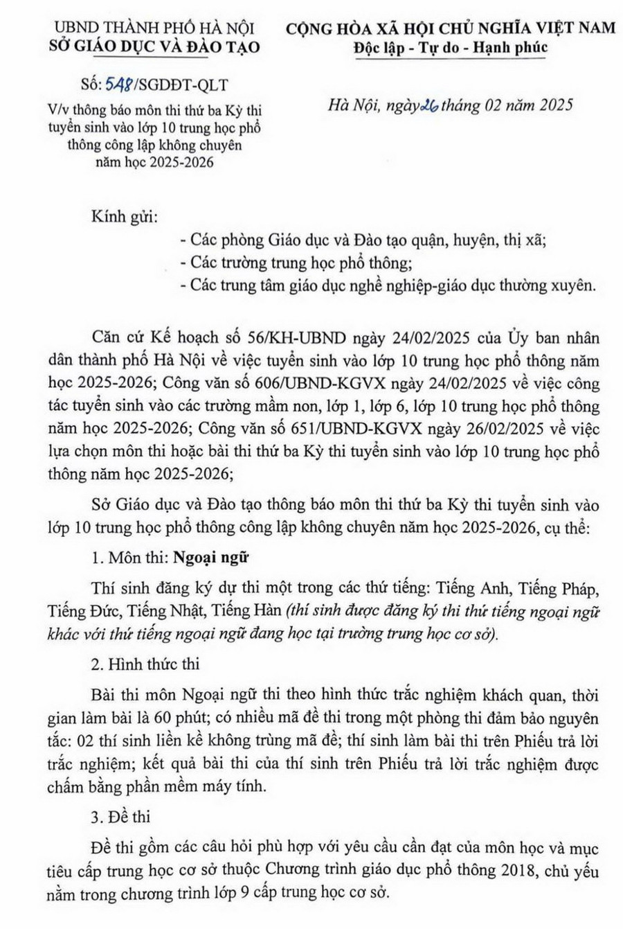 Hà Nội chính thức công bố Ngoại ngữ là môn thi thứ ba vào lớp 10