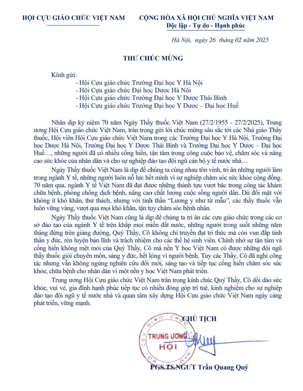 Thư chúc mừng nhân kỷ niệm 70 năm Ngày Thầy thuốc Việt Nam