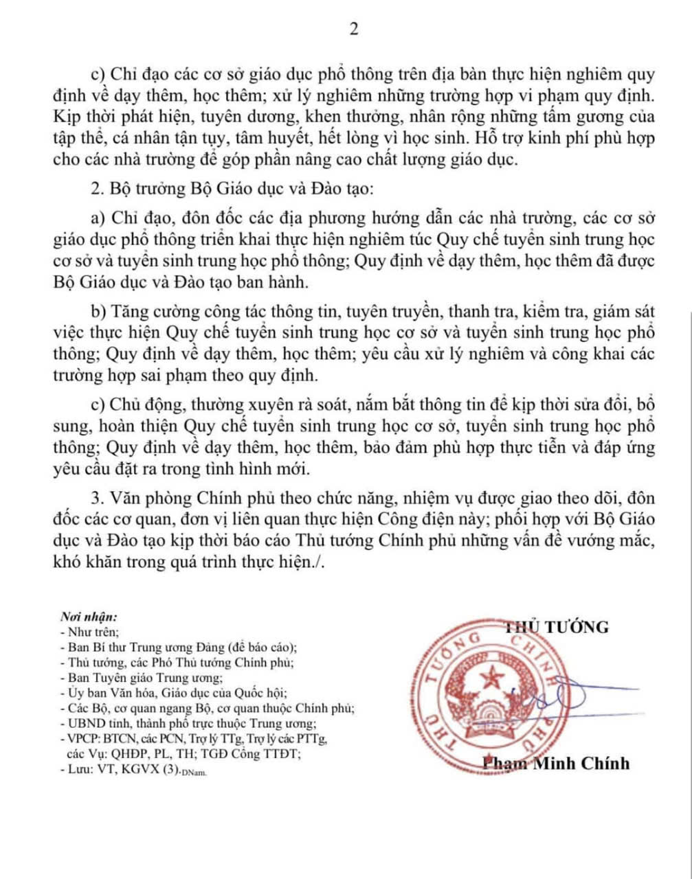 CÔNG ĐIỆN Về tăng cường chỉ đạo công tác tuyển sinh trung học cơ sở, tuyển sinh trung học phổ thông và quản lý hoạt động dạy thêm - học thêm