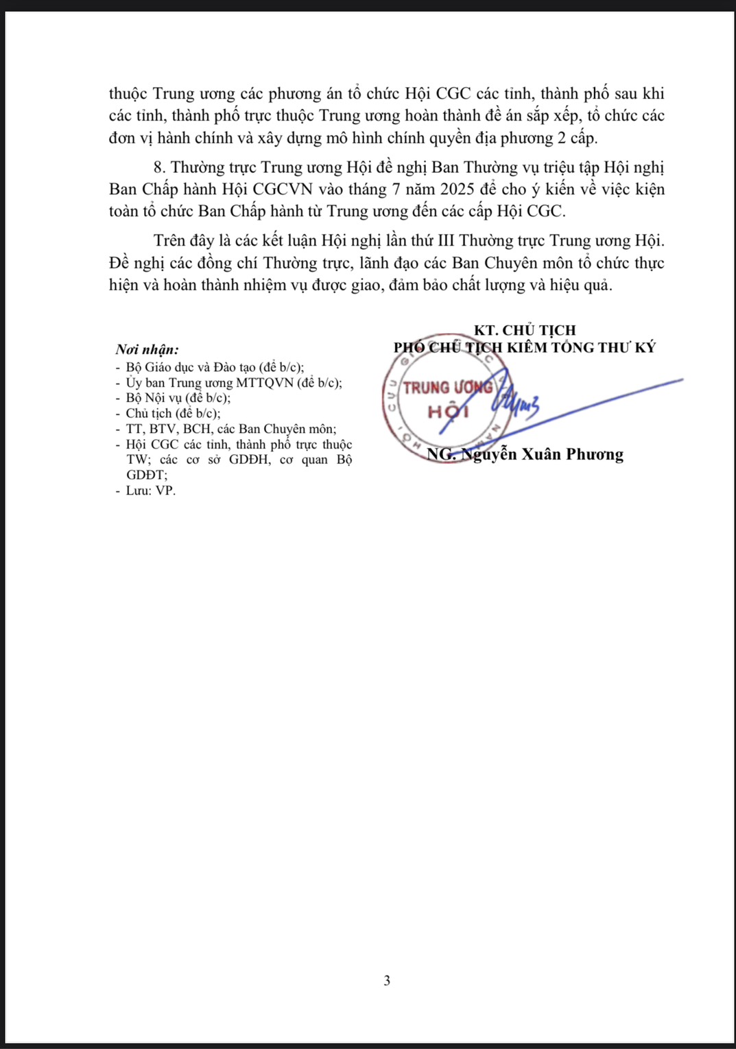 THÔNG BÁO KẾT LUẬN KỲ HỌP III CỦA HỘI CGCVN