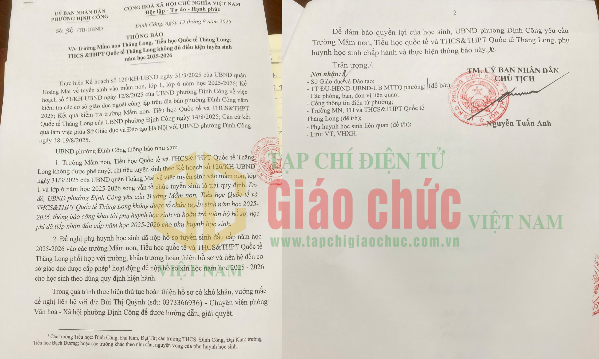 Hà Nội: Nhiều sai phạm tại trường Tiểu học Quốc Tế Thăng Long - UBND phường yêu cầu dừng tuyển sinh.