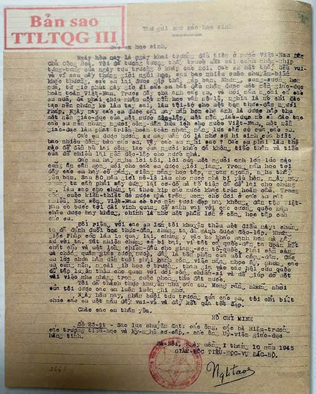 THƯ BÁC HỒ GỬI CHO HỌC SINH NĂM 1945 - BẢN TUYÊN NGÔN CỦA NỀN GIÁO DỤC CÁCH MẠNG VIỆT NAM