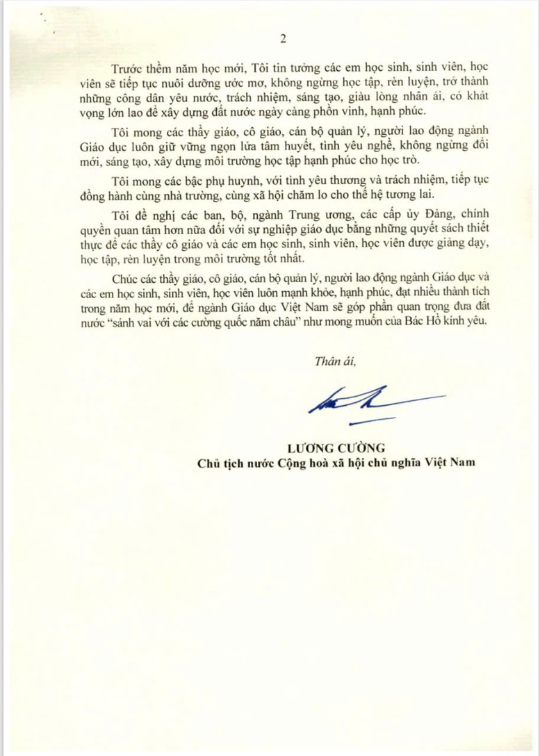 Chủ tịch nước gửi thư chúc mừng ngành Giáo dục nhân dịp khai giảng năm học mới