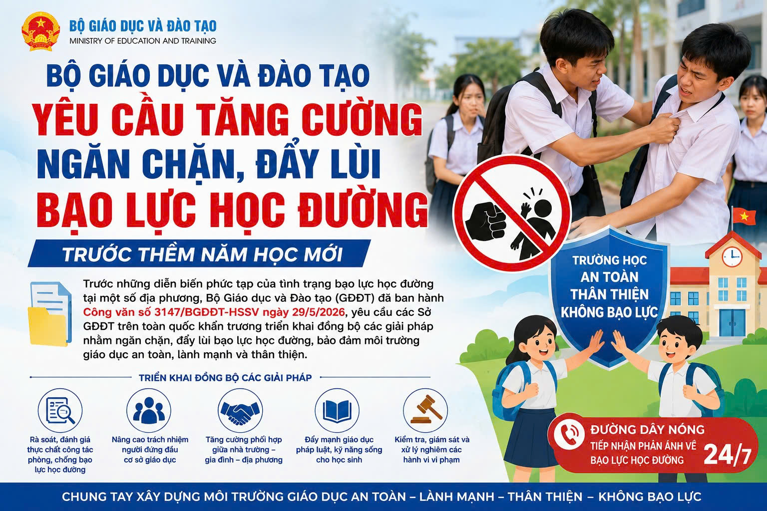 Bộ Giáo dục và Đào tạo yêu cầu tăng cường ngăn chặn, đẩy lùi bạo lực học đường trước thềm năm học mới