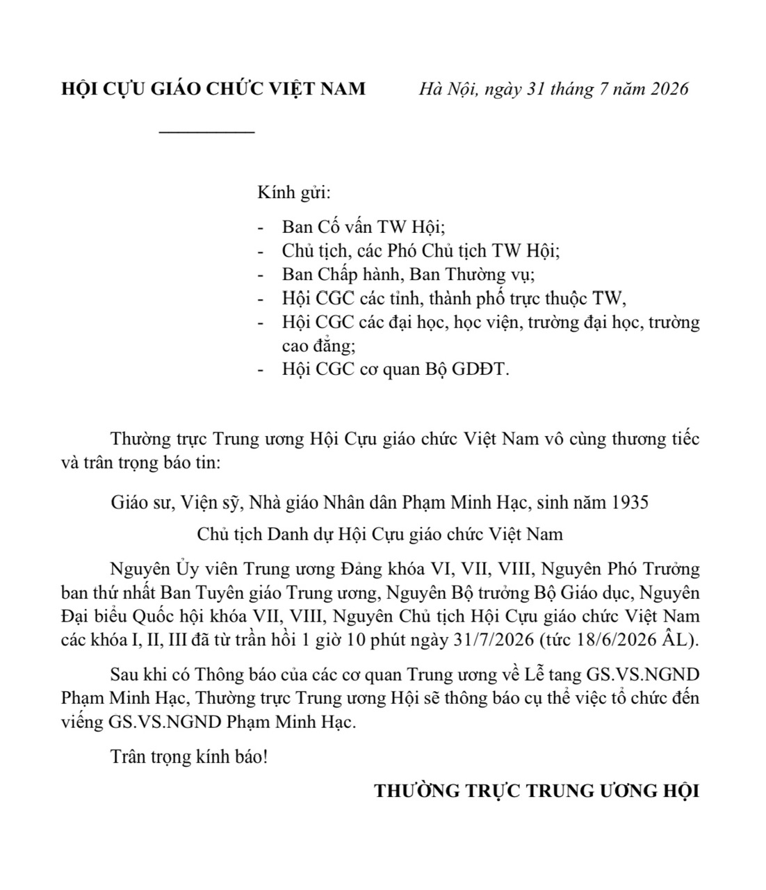 GS.VS.NGND PHẠM MINH HẠC TỪ TRẦN Ở TUỔI 91