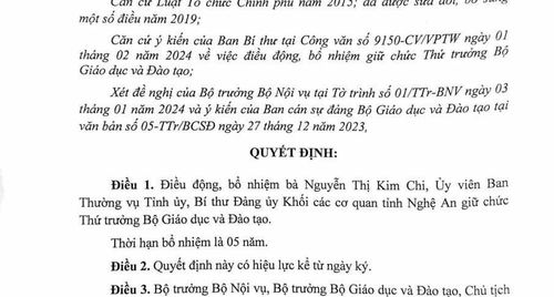 Thủ tướng Chính phủ Phạm Minh Chính ký Quyết định điều động, bổ nhiệm bà Nguyễn Thị Kim Chi giữ chức Thứ trưởng Bộ GD&ĐT