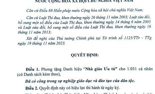 QUYẾT ĐỊNH CỦA CHỦ TỊCH NƯỚC PHONG TẶNG DANH HIỆU “NHÀ GIÁO ƯU TÚ” CHO 1.031 CÁ NHÂN