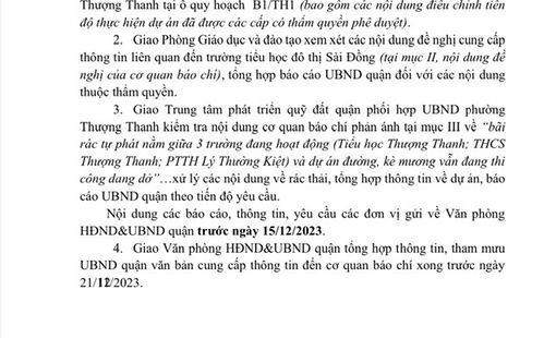 UBND quận Long Biên (Hà Nội): Có văn bản chỉ đạo các Phòng, Ban chuyên môn trả lời nội dung làm việc của TC Giáo Chức VN
