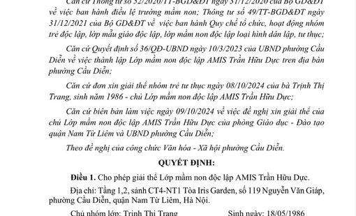 Hà Nội: Cơ sở MN Amis Trần hữu Dực vẫn treo biển khi đã có quyết định giải thể!