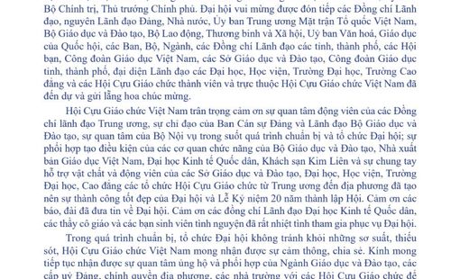 Thư Cảm Ơn Đại Hội Hội Cựu Giáo Chức Việt Nam Lần Thứ V (2024-2029)