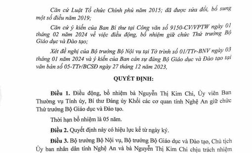 Thủ tướng Chính phủ Phạm Minh Chính ký Quyết định điều động, bổ nhiệm bà Nguyễn Thị Kim Chi giữ chức Thứ trưởng Bộ GD&ĐT