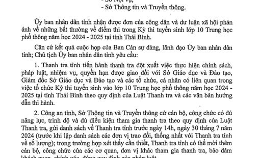 Thái Bình (tiếp bài: Nhiều bất thường về điểm thi vào lớp 10) Thanh tra việc tổ chức kỳ thi tuyển vào 10 năm học 2024-2025