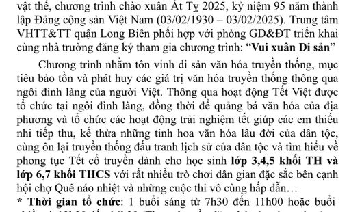 Long Biên- Hà Nội: Phụ huynh học sinh có ý kiến về “Chương trình Giới thiệu Di sản văn hóa – Mừng Đảng, Mừng xuân Ất Tỵ - 2025”