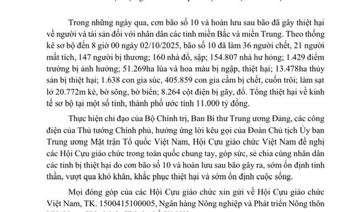 Hội Cựu giáo chức Việt Nam kêu gọi ủng hộ đồng bào vùng bão số 10
