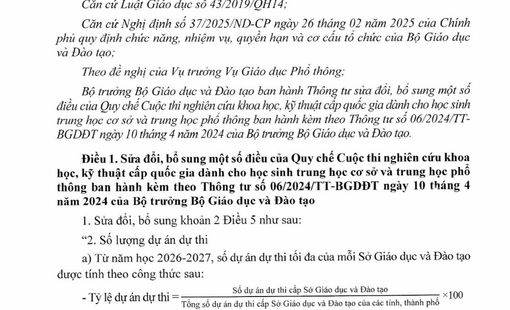 Bộ GD&ĐT ban hành Thông tư sửa đổi, bổ sung Quy chế Cuộc thi nghiên cứu khoa học, kĩ thuật cấp quốc gia