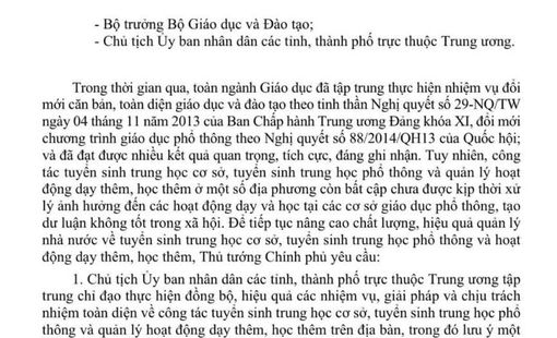 CÔNG ĐIỆN Về tăng cường chỉ đạo công tác tuyển sinh trung học cơ sở, tuyển sinh trung học phổ thông và quản lý hoạt động dạy thêm - học thêm