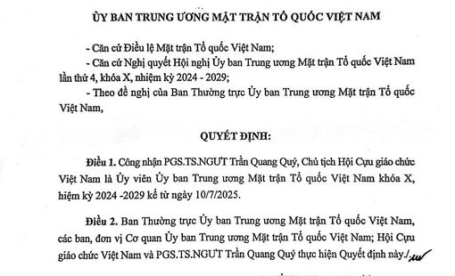 PGS.TS.NGƯT Trần Quang Quý được công nhận Ủy viên Ủy ban Trung ương Mặt trận Tổ quốc Việt Nam, khóa X, nhiệm kỳ 2024 – 2029
