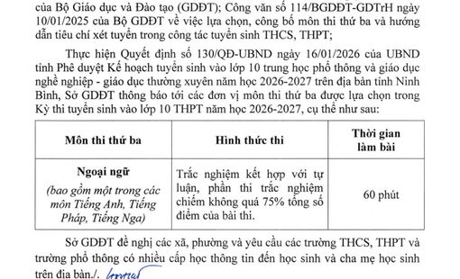 Ninh Bình công bố môn thi thứ ba vào lớp 10 THPT năm học 2026–2027