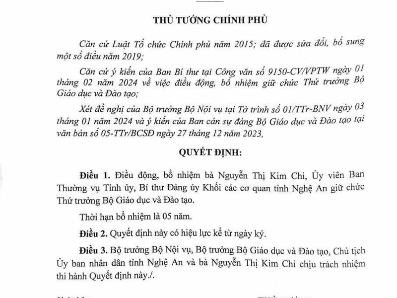 Thủ tướng Chính phủ Phạm Minh Chính ký Quyết định điều động, bổ nhiệm bà Nguyễn Thị Kim Chi giữ chức Thứ trưởng Bộ GD&ĐT