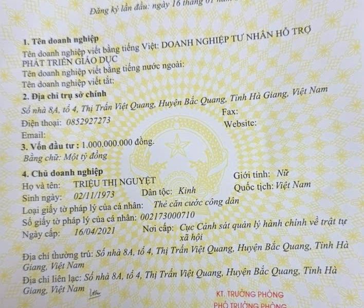 Hà Giang: Thành lập doanh nghiệp tư nhân Hỗ trợ Phát triến Giáo dục tại huyện Bắc Quang