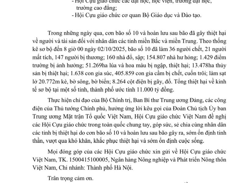 Hội Cựu giáo chức Việt Nam kêu gọi ủng hộ đồng bào vùng bão số 10